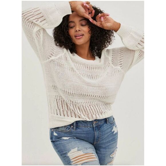TORRID Pointelle Pullover Balloon Sleeve Sweater Ivory White Loose Knit Size 1X - Picture 1 of 11